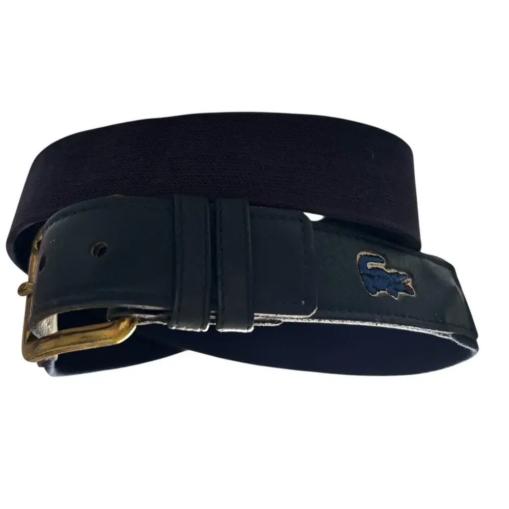 Lacoste Belt Blue Elastic and Brown Leather Size 38 Vintage Preppy